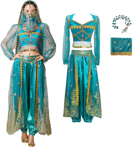 Windskids Aladdin Jasmin Kostüm Damen Arabische Prinzessin Bauchtanz Langarm Oberteil und Hose mit Zubehör Exotische Set für Halloween Karneval Party Maskerade Performance Verkleidung von Windskids