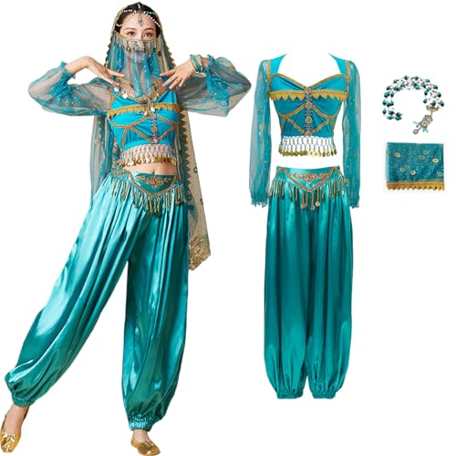 Windskids Aladdin Jasmin Kostüm Damen Cosplay Arabische Prinzessin Bauchtanz Langarm Oberteil und Hose mit Zubehör Exotische Set für Halloween Karneval Party Maskerade Performance Verkleidung von Windskids