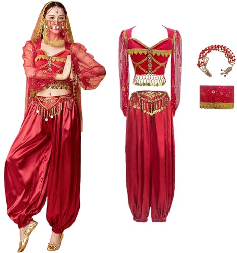 Windskids Aladdin Jasmin Kostüm Damen Cosplay Arabische Prinzessin Bauchtanz Langarm Oberteil und Hose mit Zubehör Exotische Set für Halloween Karneval Party Maskerade Performance Verkleidung von Windskids