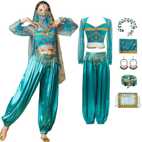 Windskids Aladdin Jasmin Kostüm Damen Cosplay Arabische Prinzessin Bauchtanz Langarm Oberteil und Hose mit Zubehör Exotische Set für Halloween Karneval Party Maskerade Performance Verkleidung von Windskids