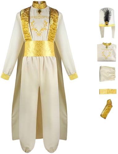 Windskids Aladdin Kostüm mit Hut Herren Cosplay Prinzessin Jasmin Aladdin Araber Prinz Komplett Uniform Anzug 5 Stück für Halloween Karneval Party Maskerade Performance Verkleidung von Windskids