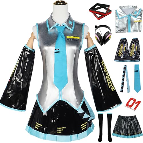 Windskids Anime Miku Kostüm Damen Cosplay Virtual Idol H'atsune M'iku Komplett PU JK Uniform Set mit Kopfhörer Tiara für Fancy Dress Up Halloween Karneval Party Maskerade Performance Verkleidung Windskids Anime Miku Kostüm Damen Cosplay Virtual Idol H'atsune M'iku Komplett PU JK Uniform Set mit Kopfhörer Tiara für Fancy Dress Up Halloween Karneval Party Maskerade Performance Verkleidung von Windskids