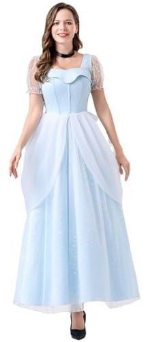 Windskids Aschenputtel Kostüm Damen Cosplay Cinderella Lange Tüll Eleganz Hof Abendkleid mit Haarband Handschuhe für Halloween Weihnachten Karneval Party Geburtstag Maskerade Ballkleid Verkleidung von Windskids