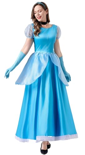 Windskids Aschenputtel Kostüm Damen Cosplay Cinderella Lange Tüll Eleganz Hof Abendkleid mit Haarband Handschuhe für Halloween Weihnachten Karneval Party Geburtstag Maskerade Verkleidung, Blau von Windskids
