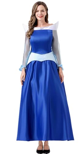 Windskids Aurora Kostüm Damen Cosplay Dornröschen Aurora Lange Langarm Hof Abendkleid für Fancy Dress Up Halloween Weihnachten Karneval Party Geburtstag Maskerade Ballkleid Verkleidung, Blau von Windskids