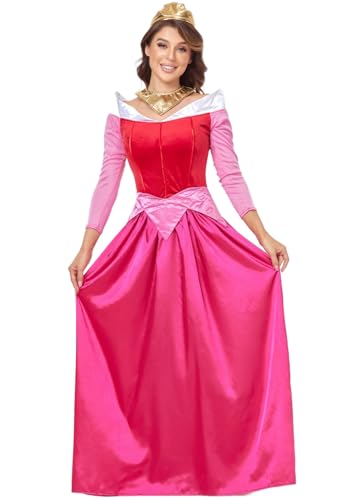 Windskids Aurora Kostüm Damen Cosplay Dornröschen Aurora Lange Langarm Hof Abendkleid mit Krone Kragen für Halloween Weihnachten Karneval Party Geburtstag Maskerade Ballkleid Verkleidung, Rose von Windskids