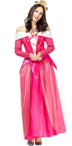 Windskids Aurora Kostüm Damen Cosplay Dornröschen Aurora Lange Prinzessin Abendkleid mit Krone für Fancy Dress Up Halloween Weihnachten Karneval Party Geburtstag Maskerade Ballkleid Verkleidung, Rose von Windskids