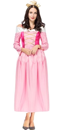 Windskids Aurora Kostüm Damen Cosplay Dornröschen Aurora Lange Prinzessin Abendkleid mit Krone für Fancy Dress Up Halloween Weihnachten Karneval Party Geburtstag Maskerade Ballkleid Verkleidung, Rosa von Windskids