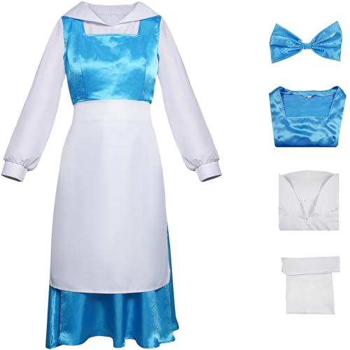 Windskids Belle Kostüm Damen Cosplay Die Schöne und das Biest Prinzessin Belle Maid Kleid mit Kopfbedeckung für Fancy Dress Up Halloween Karneval Party Maskerade Performance Verkleidung von Windskids