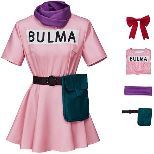 Windskids Bulma Kostüm Damen Fasching Cosplay Anime Bulma Uniform Kleid mit Zubehör Anzug 4 Stück für Halloween Karneval Party Maskerade Verkleidung, Rosa von Windskids
