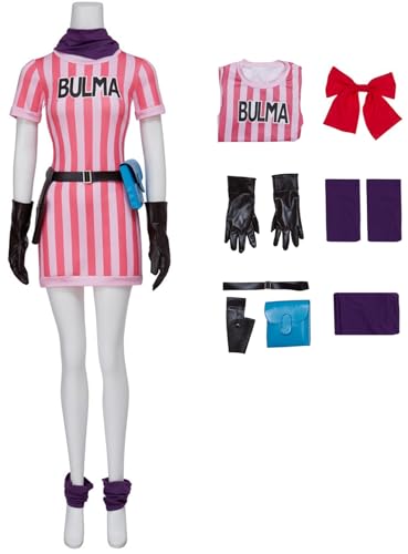 Windskids Bulma Kostüm Damen Fasching Cosplay Bulma Deluxe Komplett Uniform Streifen Kleid mit Zubehör Set für Fancy Dress Up Halloween Karneval Party Maskerade Anime Performance Verkleidung, Rosa von Windskids