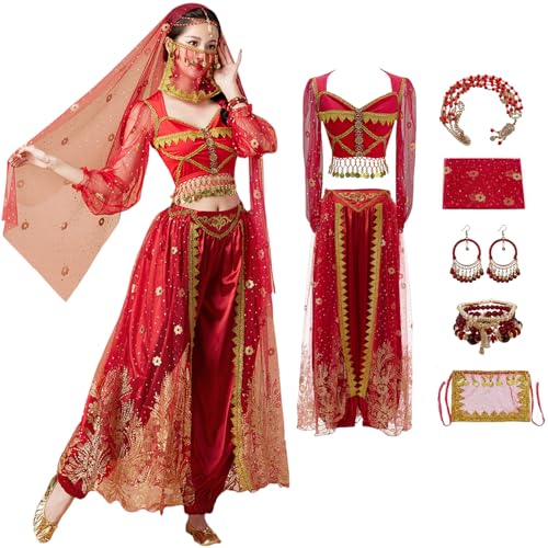 Windskids Damen Aladdin Jasmin Kostüm Arabische Prinzessin Bauchtanz Langarm Oberteil und Hose mit Zubehör Exotische Set für Halloween Karneval Party Maskerade Performance Verkleidung Windskids Damen Aladdin Jasmin Kostüm Arabische Prinzessin Bauchtanz Langarm Oberteil und Hose mit Zubehör Exotische Set für Halloween Karneval Party Maskerade Performance Verkleidung von Windskids