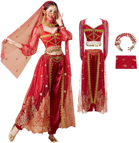 Windskids Damen Aladdin Jasmin Kostüm Arabische Prinzessin Bauchtanz Langarm Oberteil und Hose mit Zubehör Exotische Set für Halloween Karneval Party Maskerade Performance Verkleidung von Windskids