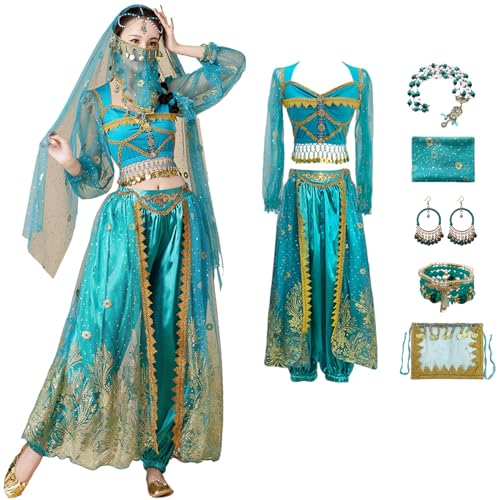 Windskids Damen Aladdin Jasmin Kostüm Arabische Prinzessin Bauchtanz Langarm Oberteil und Hose mit Zubehör Exotische Set für Halloween Karneval Party Maskerade Performance Verkleidung von Windskids