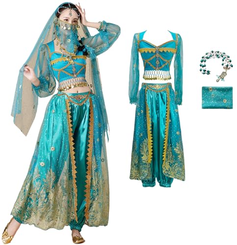 Windskids Damen Aladdin Jasmin Kostüm Arabische Prinzessin Bauchtanz Langarm Oberteil und Hose mit Zubehör Exotische Set für Halloween Karneval Party Maskerade Performance Verkleidung von Windskids