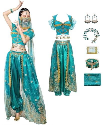 Windskids Damen Aladdin Jasmin Kostüm Arabische Prinzessin Bauchtanz Oberteil und Hose mit Zubehör Exotische Set für Halloween Karneval Party Maskerade Performance Verkleidung Windskids Damen Aladdin Jasmin Kostüm Arabische Prinzessin Bauchtanz Oberteil und Hose mit Zubehör Exotische Set für Halloween Karneval Party Maskerade Performance Verkleidung von Windskids