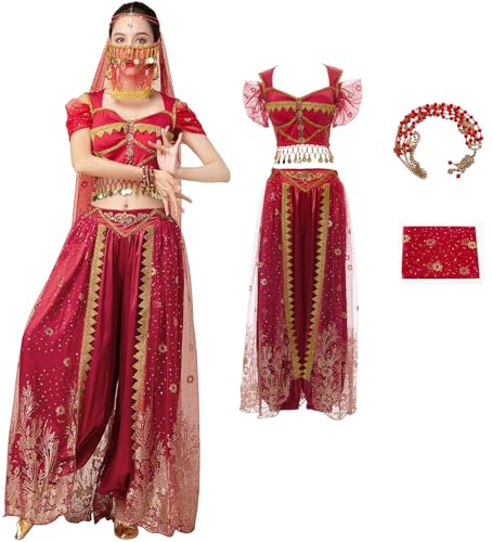 Windskids Damen Aladdin Jasmin Kostüm Arabische Prinzessin Bauchtanz Oberteil und Hose mit Zubehör Exotische Set für Halloween Karneval Party Maskerade Performance Verkleidung Windskids Damen Aladdin Jasmin Kostüm Arabische Prinzessin Bauchtanz Oberteil und Hose mit Zubehör Exotische Set für Halloween Karneval Party Maskerade Performance Verkleidung von Windskids