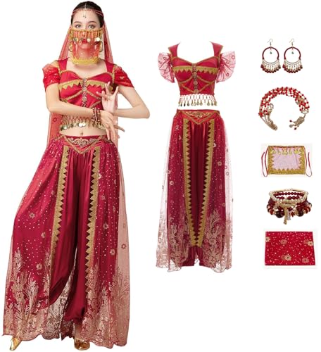 Windskids Damen Aladdin Jasmin Kostüm Arabische Prinzessin Bauchtanz Oberteil und Hose mit Zubehör Exotische Set für Halloween Karneval Party Maskerade Performance Verkleidung Windskids Damen Aladdin Jasmin Kostüm Arabische Prinzessin Bauchtanz Oberteil und Hose mit Zubehör Exotische Set für Halloween Karneval Party Maskerade Performance Verkleidung von Windskids