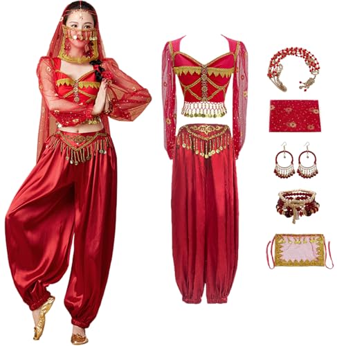 Windskids Damen Aladdin Jasmin Kostüm Cosplay Arabische Prinzessin Bauchtanz Langarm Oberteil und Hose mit Zubehör Exotische Set für Halloween Karneval Party Maskerade Performance Verkleidung von Windskids