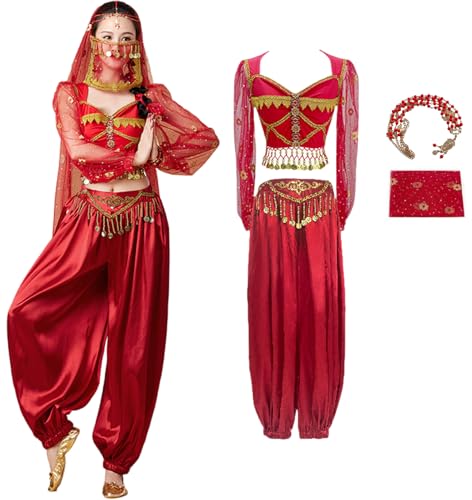 Windskids Damen Aladdin Jasmin Kostüm Cosplay Arabische Prinzessin Bauchtanz Langarm Oberteil und Hose mit Zubehör Exotische Set für Halloween Karneval Party Maskerade Performance Verkleidung Windskids Damen Aladdin Jasmin Kostüm Cosplay Arabische Prinzessin Bauchtanz Langarm Oberteil und Hose mit Zubehör Exotische Set für Halloween Karneval Party Maskerade Performance Verkleidung von Windskids