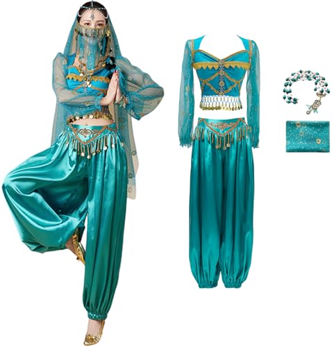 Windskids Damen Aladdin Jasmin Kostüm Cosplay Arabische Prinzessin Bauchtanz Langarm Oberteil und Hose mit Zubehör Exotische Set für Halloween Karneval Party Maskerade Performance Verkleidung von Windskids
