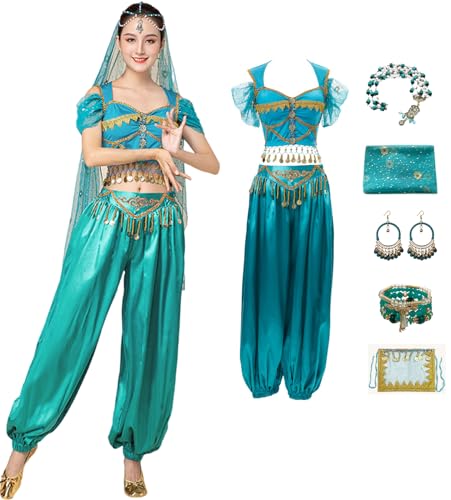 Windskids Damen Aladdin Jasmin Kostüm Cosplay Arabische Prinzessin Bauchtanz Oberteil und Hose mit Zubehör Exotische Set für Halloween Karneval Party Maskerade Performance Verkleidung Windskids Damen Aladdin Jasmin Kostüm Cosplay Arabische Prinzessin Bauchtanz Oberteil und Hose mit Zubehör Exotische Set für Halloween Karneval Party Maskerade Performance Verkleidung von Windskids