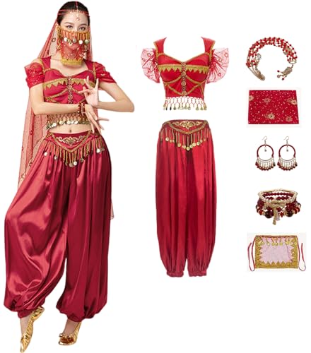 Windskids Damen Aladdin Jasmin Kostüm Cosplay Arabische Prinzessin Bauchtanz Oberteil und Hose mit Zubehör Exotische Set für Halloween Karneval Party Maskerade Performance Verkleidung von Windskids