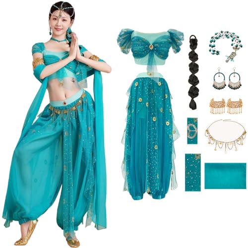Windskids Damen Aladdin Jasmin Kostüm Fasching Cosplay Arabische Prinzessin Bauchtanz Oberteil und Hose mit Zubehör Exotische Tüll Set für Halloween Karneval Party Maskerade Performance Verkleidung Windskids Damen Aladdin Jasmin Kostüm Fasching Cosplay Arabische Prinzessin Bauchtanz Oberteil und Hose mit Zubehör Exotische Tüll Set für Halloween Karneval Party Maskerade Performance Verkleidung von Windskids