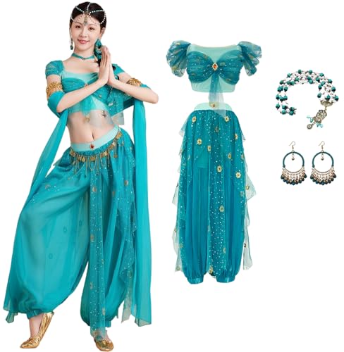 Windskids Damen Aladdin Jasmin Kostüm Fasching Cosplay Arabische Prinzessin Bauchtanz Oberteil und Hose mit Zubehör Exotische Tüll Set für Halloween Karneval Party Maskerade Performance Verkleidung Windskids Damen Aladdin Jasmin Kostüm Fasching Cosplay Arabische Prinzessin Bauchtanz Oberteil und Hose mit Zubehör Exotische Tüll Set für Halloween Karneval Party Maskerade Performance Verkleidung von Windskids