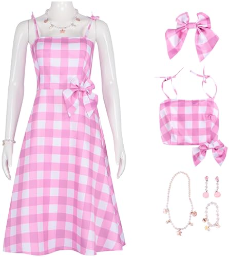 Windskids Damen Barbi Kostüm Rosa Kariert Kleid mit Kopfbedeckung Zubehör für Halloween Karneval Party Geburtstag Maskerade Performance Verkleidung von Windskids