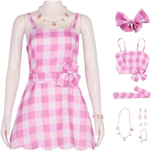 Windskids Damen Barbi Kostüm Rosa Kariert Kleid mit Zubehör für Halloween Karneval Party Geburtstag Maskerade Performance Verkleidung von Windskids