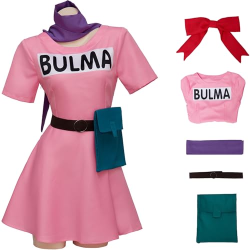 Windskids Damen Bulma Kostüm mit Haarschmuck Rosa T-Shirt Kleid und Halstuch Gürtel Tasche Set 5 Stück für Fancy Dress Up Halloween Karneval Party Maskerade Anime Performance Verkleidung Windskids Damen Bulma Kostüm mit Haarschmuck Rosa T-Shirt Kleid und Halstuch Gürtel Tasche Set 5 Stück für Fancy Dress Up Halloween Karneval Party Maskerade Anime Performance Verkleidung von Windskids
