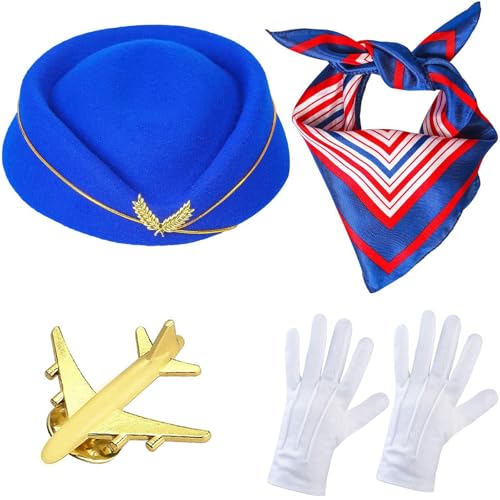 Windskids Damen Flugbegleiterin Kostüm Zubehör 4 Stück, Fasching Cosplay Stewardess Hut Schal Brille Handschuhe Abzeichen Kostümzubehör Set für Halloween Karneval Party Maskerade Verkleidung, Blau Windskids Damen Flugbegleiterin Kostüm Zubehör 4 Stück, Fasching Cosplay Stewardess Hut Schal Brille Handschuhe Abzeichen Kostümzubehör Set für Halloween Karneval Party Maskerade Verkleidung, Blau von Windskids