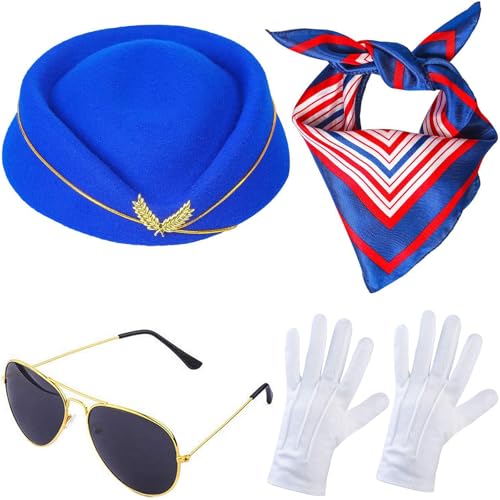 Windskids Damen Flugbegleiterin Kostüm Zubehör 4 Stück, Fasching Cosplay Stewardess Hut Schal Brille Handschuhe Abzeichen Kostümzubehör Set für Halloween Karneval Party Maskerade Verkleidung, Blau Windskids Damen Flugbegleiterin Kostüm Zubehör 4 Stück, Fasching Cosplay Stewardess Hut Schal Brille Handschuhe Abzeichen Kostümzubehör Set für Halloween Karneval Party Maskerade Verkleidung, Blau von Windskids