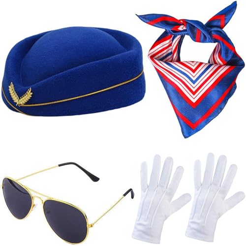 Windskids Damen Flugbegleiterin Kostüm Zubehör 4 Stück, Fasching Cosplay Stewardess Hut Schal Brille Handschuhe Abzeichen Kostümzubehör Set für Halloween Karneval Party Maskerade Verkleidung Windskids Damen Flugbegleiterin Kostüm Zubehör 4 Stück, Fasching Cosplay Stewardess Hut Schal Brille Handschuhe Abzeichen Kostümzubehör Set für Halloween Karneval Party Maskerade Verkleidung von Windskids
