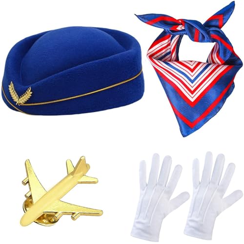 Windskids Damen Flugbegleiterin Kostüm Zubehör 4 Stück, Fasching Cosplay Stewardess Hut Schal Brille Handschuhe Abzeichen Kostümzubehör Set für Halloween Karneval Party Maskerade Verkleidung von Windskids