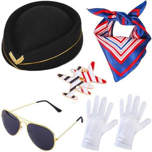Windskids Damen Flugbegleiterin Kostüm Zubehör 5 Stück, Fasching Cosplay Stewardess Baskenmütze Schal Brille Handschuhe Abzeichen Kostümzubehör Set für Halloween Karneval Party Maskerade Verkleidung von Windskids