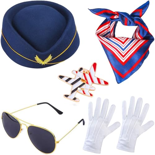 Windskids Damen Flugbegleiterin Kostüm Zubehör 5 Stück, Fasching Cosplay Stewardess Baskenmütze Schal Brille Handschuhe Abzeichen Kostümzubehör Set für Halloween Karneval Party Maskerade Verkleidung Windskids Damen Flugbegleiterin Kostüm Zubehör 5 Stück, Fasching Cosplay Stewardess Baskenmütze Schal Brille Handschuhe Abzeichen Kostümzubehör Set für Halloween Karneval Party Maskerade Verkleidung von Windskids