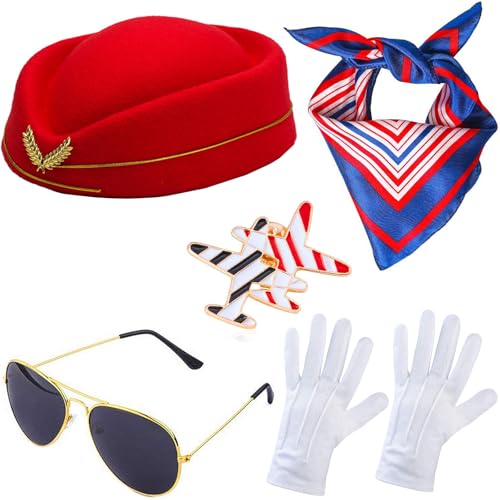 Windskids Damen Flugbegleiterin Kostüm Zubehör 5 Stück, Fasching Cosplay Stewardess Baskenmütze Schal Brille Handschuhe Abzeichen Kostümzubehör Set für Halloween Karneval Party Maskerade Verkleidung von Windskids