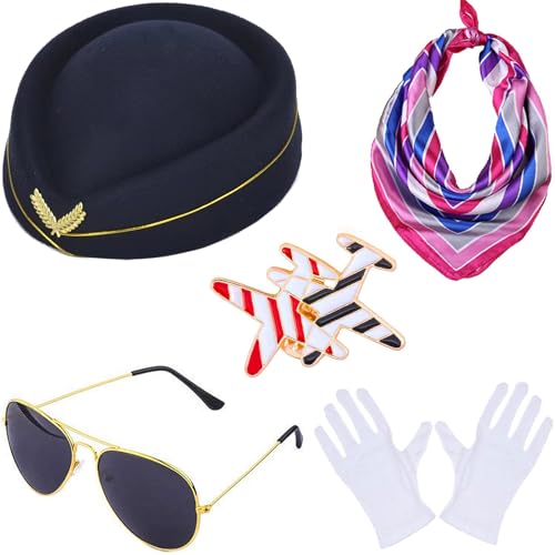 Windskids Damen Flugbegleiterin Kostüm Zubehör 5 Stück, Fasching Cosplay Stewardess Hut Schal Brille Handschuhe Abzeichen Kostümzubehör Set für Frauen Halloween Karneval Party Maskerade Verkleidung von Windskids