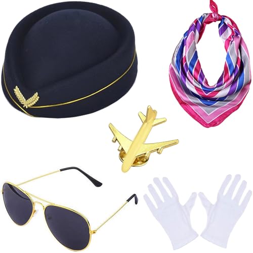 Windskids Damen Flugbegleiterin Kostüm Zubehör 5 Stück, Fasching Cosplay Stewardess Hut Schal Brille Handschuhe Abzeichen Kostümzubehör Set für Frauen Halloween Karneval Party Maskerade Verkleidung Windskids Damen Flugbegleiterin Kostüm Zubehör 5 Stück, Fasching Cosplay Stewardess Hut Schal Brille Handschuhe Abzeichen Kostümzubehör Set für Frauen Halloween Karneval Party Maskerade Verkleidung von Windskids