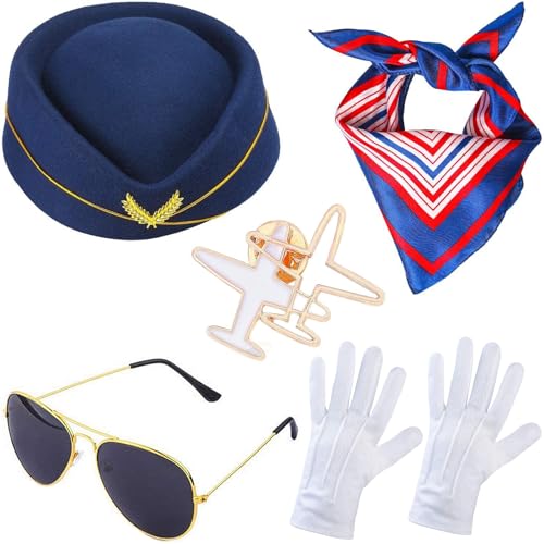 Windskids Damen Flugbegleiterin Kostüm Zubehör 5 Stück, Fasching Cosplay Stewardess Hut Schal Brille Handschuhe Abzeichen Kostümzubehör Set für Halloween Karneval Party Maskerade Frauen Verkleidung von Windskids