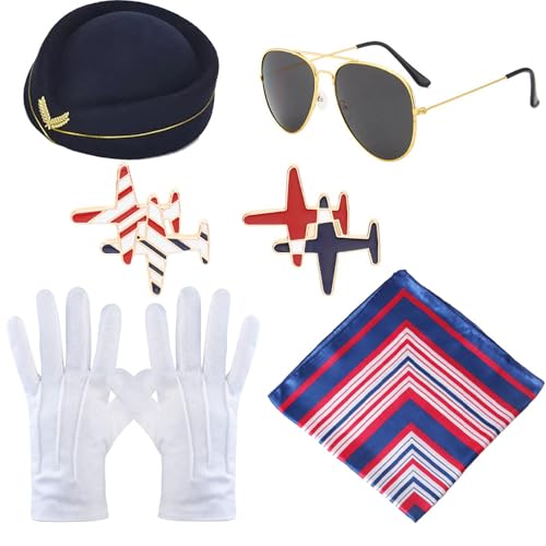 Windskids Damen Flugbegleiterin Kostüm Zubehör 5 Stück, Fasching Cosplay Stewardess Hut Schal Brille Handschuhe Abzeichen Kostümzubehör Set für Halloween Karneval Party Maskerade Verkleidung Windskids Damen Flugbegleiterin Kostüm Zubehör 5 Stück, Fasching Cosplay Stewardess Hut Schal Brille Handschuhe Abzeichen Kostümzubehör Set für Halloween Karneval Party Maskerade Verkleidung von Windskids