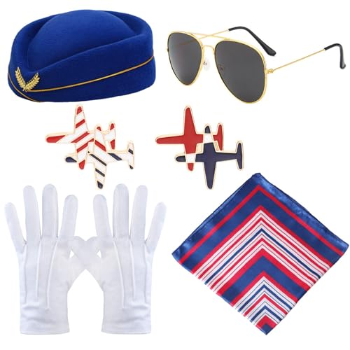 Windskids Damen Flugbegleiterin Kostüm Zubehör 5 Stück, Fasching Cosplay Stewardess Hut Schal Brille Handschuhe Abzeichen Kostümzubehör Set für Halloween Karneval Party Maskerade Verkleidung Windskids Damen Flugbegleiterin Kostüm Zubehör 5 Stück, Fasching Cosplay Stewardess Hut Schal Brille Handschuhe Abzeichen Kostümzubehör Set für Halloween Karneval Party Maskerade Verkleidung von Windskids