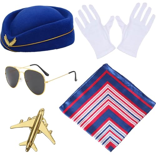 Windskids Damen Flugbegleiterin Kostüm Zubehör 5 Stück, Fasching Cosplay Stewardess Hut und Schal Brille Handschuhe Abzeichen Kostümzubehör Set für Halloween Karneval Party Maskerade Verkleidung Windskids Damen Flugbegleiterin Kostüm Zubehör 5 Stück, Fasching Cosplay Stewardess Hut und Schal Brille Handschuhe Abzeichen Kostümzubehör Set für Halloween Karneval Party Maskerade Verkleidung von Windskids
