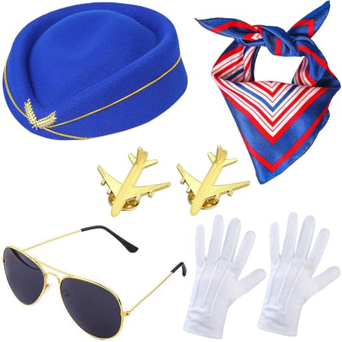 Windskids Damen Flugbegleiterin Kostüm Zubehör 6 Stück, Fasching Cosplay Stewardess Hut Schal Brille Handschuhe Abzeichen Kostümzubehör Set für Halloween Karneval Party Maskerade Verkleidung Windskids Damen Flugbegleiterin Kostüm Zubehör 6 Stück, Fasching Cosplay Stewardess Hut Schal Brille Handschuhe Abzeichen Kostümzubehör Set für Halloween Karneval Party Maskerade Verkleidung von Windskids