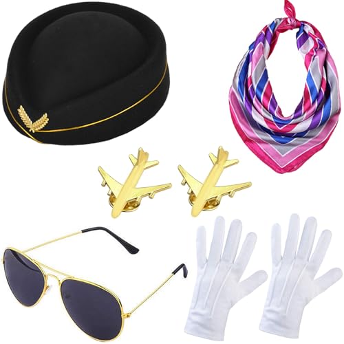 Windskids Damen Flugbegleiterin Kostüm Zubehör 6 Stück, Fasching Cosplay Stewardess Hut Schal Brille Handschuhe Abzeichen Kostümzubehör Set für Halloween Karneval Party Maskerade Verkleidung Windskids Damen Flugbegleiterin Kostüm Zubehör 6 Stück, Fasching Cosplay Stewardess Hut Schal Brille Handschuhe Abzeichen Kostümzubehör Set für Halloween Karneval Party Maskerade Verkleidung von Windskids