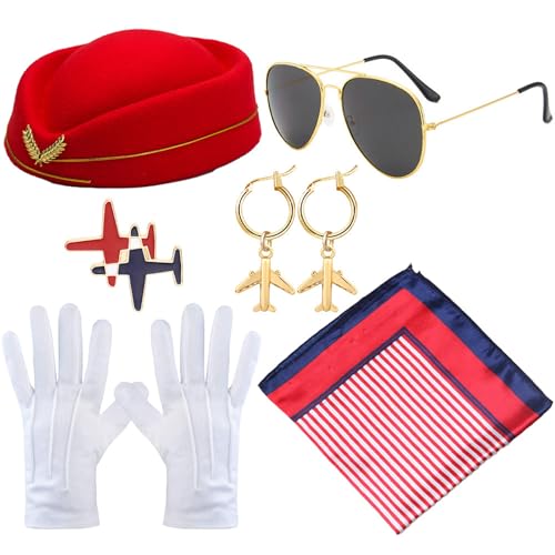 Windskids Damen Flugbegleiterin Kostüm Zubehör 6 Stück, Fasching Cosplay Stewardess Hut Schal Brille Handschuhe Ohrringe Abzeichen Kostümzubehör Set Verkleidung Halloween Karneval Party Maskerade, Rot von Windskids