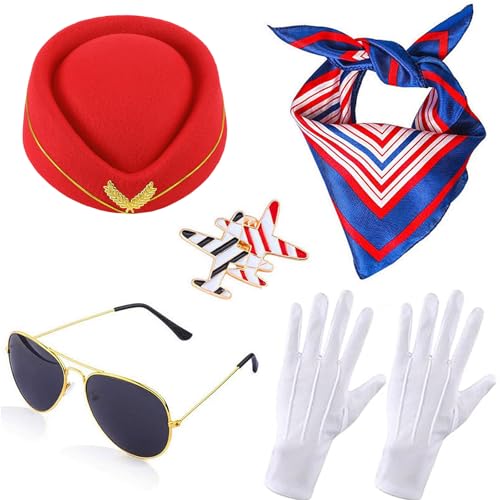 Windskids Damen Flugbegleiterin Kostüm Zubehör Set 5 Stück, Fasching Cosplay Stewardess Hut Schal Brille Handschuhe Abzeichen Kostümzubehör Set für Halloween Karneval Party Maskerade Verkleidung von Windskids