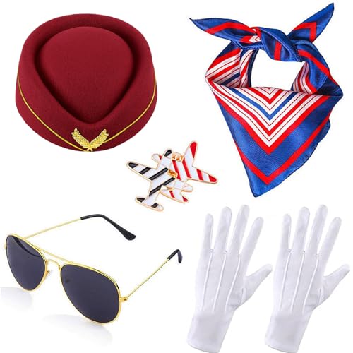 Windskids Damen Flugbegleiterin Kostüm Zubehör Set 5 Stück, Fasching Cosplay Stewardess Hut Schal Brille Handschuhe Abzeichen Kostümzubehör Set für Halloween Karneval Party Maskerade Verkleidung Windskids Damen Flugbegleiterin Kostüm Zubehör Set 5 Stück, Fasching Cosplay Stewardess Hut Schal Brille Handschuhe Abzeichen Kostümzubehör Set für Halloween Karneval Party Maskerade Verkleidung von Windskids